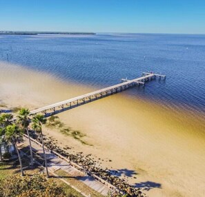 En brygga som sträcker sig ut i ett lugnt vattenområde, med en sandstrand och palmer längs stranden.