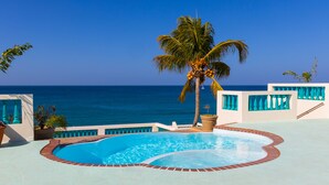 Un área de piscina con vista al océano, rodeada de plantas en macetas y palmeras.