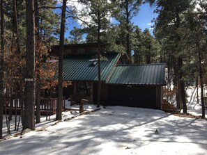 A cabin with a metal roof, surrounded by tall pine trees and a snow-covered ground. - Texas House: Mountain Home in Ruidoso/Alto Lakes Golf & CC. New Heating & A/C (Alto)