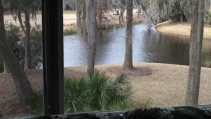 A view of a lake surrounded by trees with Spanish moss, a grassy area, and a pathway. - PANORAMIC GOLF LAGOON VIEW,WALK TO BEACH, BEACH LOCKER,FROM OWNER,NO HIDDEN FEES (Hilton Head Island)