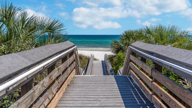 A wooden boardwalk leading to a beach with clear blue water and white sand. - Family Favorite 'Walker House' in Grayton Beach-Private Pool (Santa Rosa Beach)
