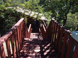 Stairway down the hillside into the cabin