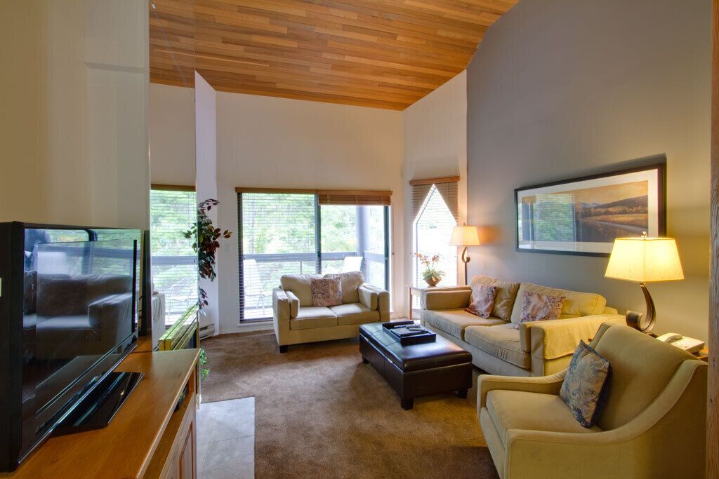 A spacious living room with a large flat-screen TV, two sofas, a coffee table, and a fireplace.