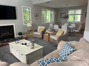 Smart TV, fireplace, DVD player, books