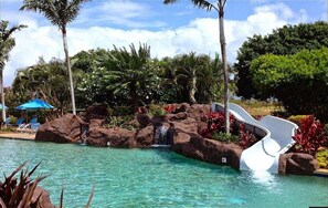 Relax by the pool surrounded by lush vegetation and lounge under the shade of an umbrella.