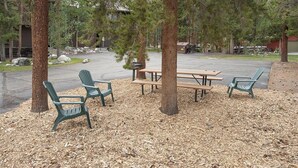 Ein Picknickplatz mit Adirondack-Stühlen und einem Picknicktisch, umgeben von Bäumen.