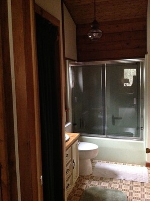 シャワー付き浴槽、ヘアドライヤー、タオル