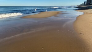 A beach with a sandy shore, waves, and a clear sky.