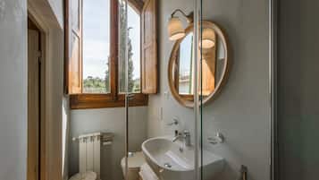 Combined shower/tub, hair dryer, towels, soap