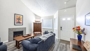 Een televisie, een open haard en een dvd-speler