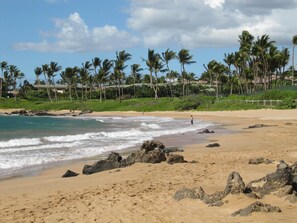 A beach with clear skies, palm trees, and rocky outcrops. - Special 2026 Summer Rates!  Perfect Relaxing Getaway at Grand Champions #103 (Wailea-Makena)