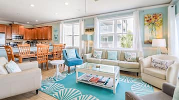 Flat-screen TV, fireplace, foosball, table tennis