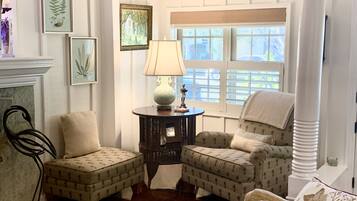 TV connectée, cheminée, livres, écrans d'ordinateur