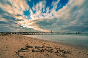 On the beach, sun-loungers, beach towels