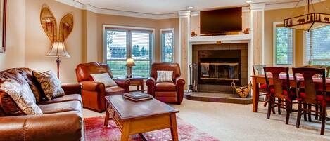 Smart TV, fireplace, video games, DVD player