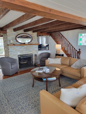 Smart TV, fireplace, DVD player, books