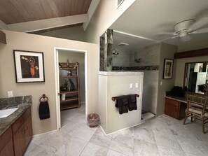 Bathroom features a large mirror, shower area, and vanity with a countertop.
