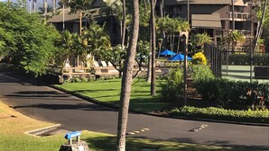 A resort with a pool area, palm trees, and a building with a grey roof. - Oceanfront Paradise Kanaloa at Kona Condo
AC Stunning Ocean Views & Sunsets (Kailua-Kona)
