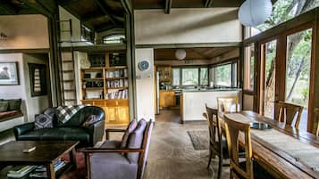 Fireplace, books, stereo