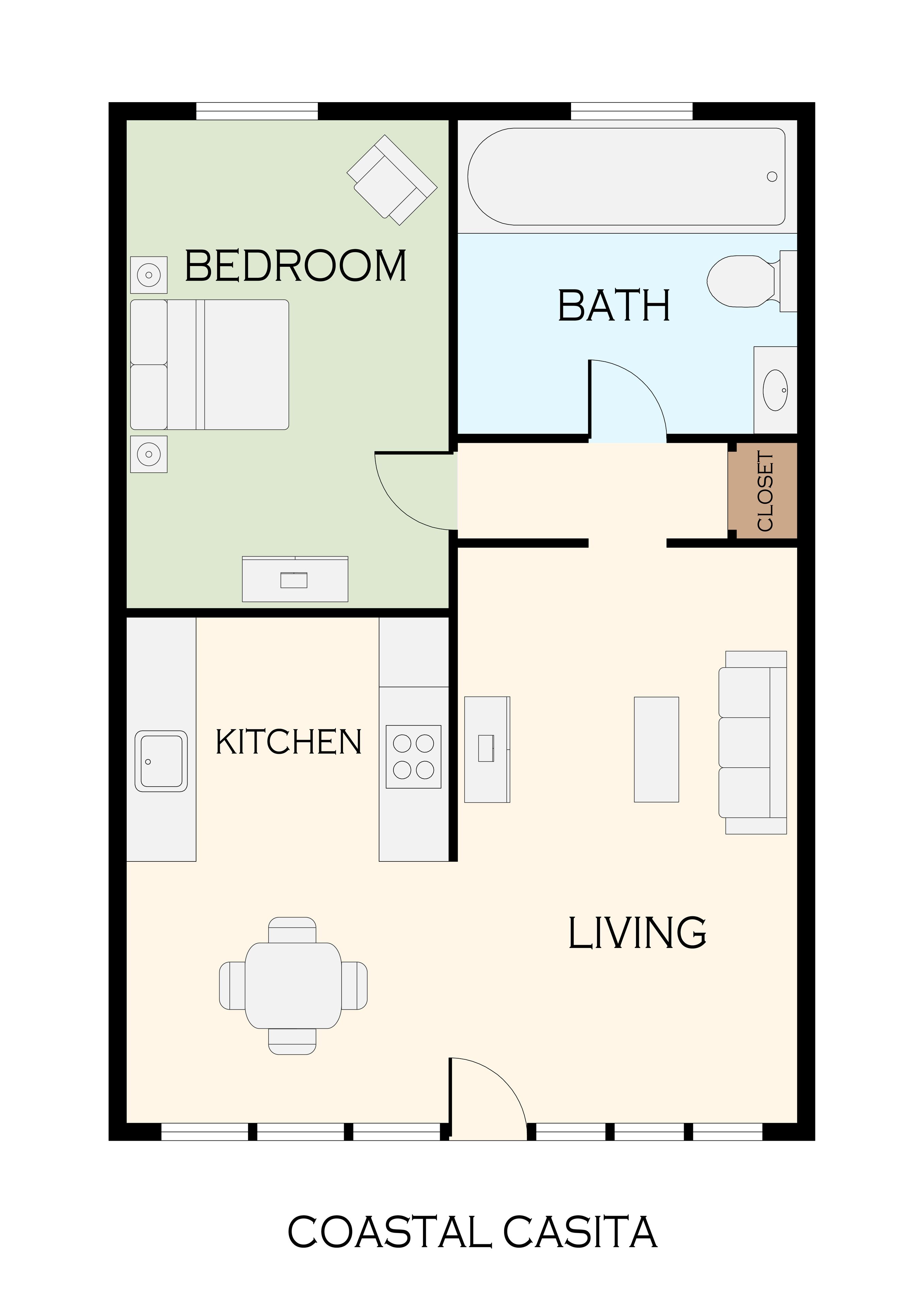 A floor plan with a bedroom, bathroom, kitchen, and living area.