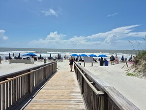 On the beach, sun loungers