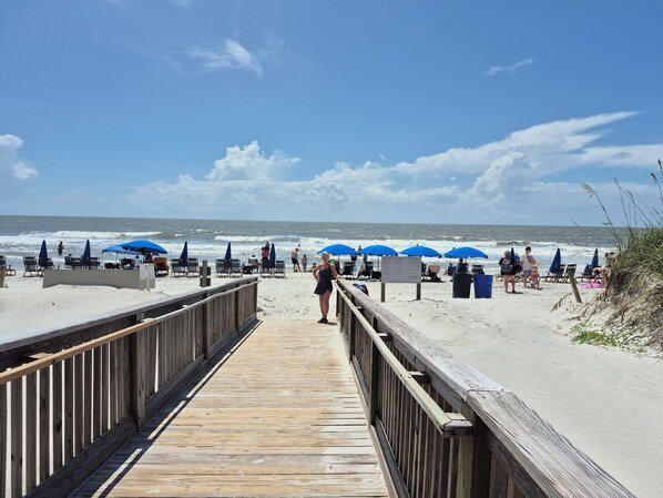 En la playa y camastros 