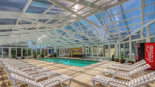 A covered pool area with lounge chairs, a Coca-Cola cooler, and potted plants. - Close to attractions - Inside and outside pool and hot tub! (Pigeon Forge)
