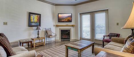 Smart TV, fireplace, DVD player, video library