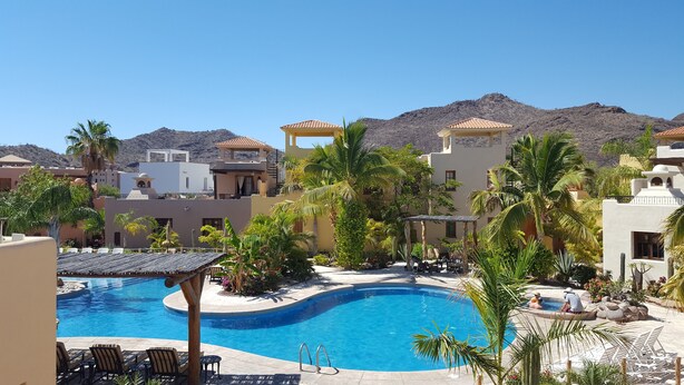 A resort pool area with a clear blue pool, lounge chairs, and palm trees.