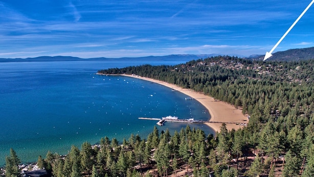 Vista aérea de una zona costera con playa, bosque denso y muelle.