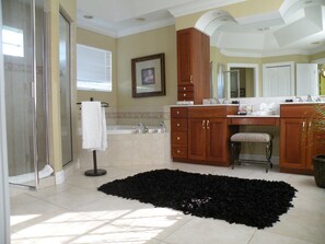 Combined shower/bathtub, jetted bath, hair dryer, towels