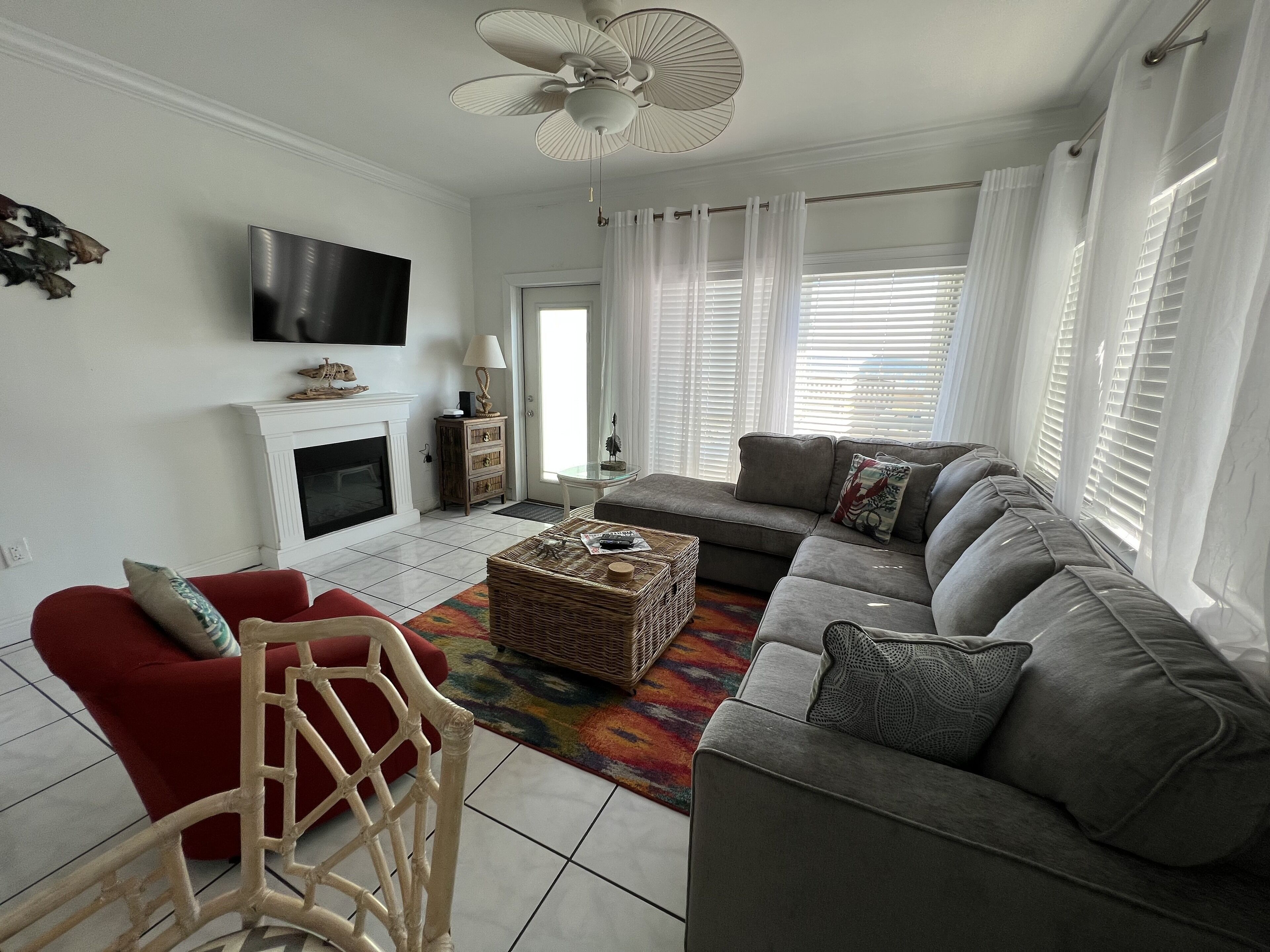 智能电视、壁炉、DVD 播放器、书