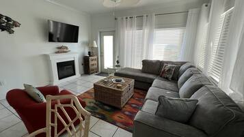 智能电视、壁炉、DVD 播放器、书