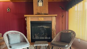 Une pièce chaleureuse avec une cheminée, deux fauteuils en osier et un mur en pierre.