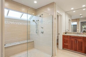 Shower, hair dryer, towels, soap