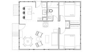 Plano de planta de una cabaña principal con mesa de comedor, camas dobles, cajones/estantes empotrados, chimenea de madera, despensa de 61 cm de ancho, horno/microondas debajo, placa de cocina de 40 cm y pileta frontal.