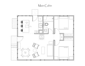 Een plattegrond van een hoofdverblijf met een eettafel, twee tweepersoonsbedden, inbouwladen/planken, een houtkachel, een 61 centimeter brede voorraadkast, een oven/magnetron eronder, een 41 centimeter breed fornuis en een spoelbak.