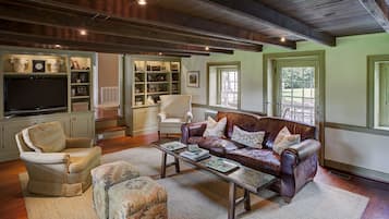 Televisión, chimenea, reproductor de DVD y videoteca