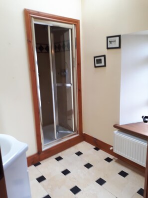 Combined shower/bathtub, hair dryer, towels