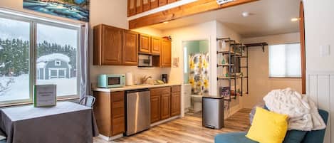 Fridge, microwave, coffee/tea maker, electric kettle