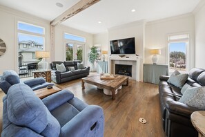 Televisión, chimenea, reproductor de DVD