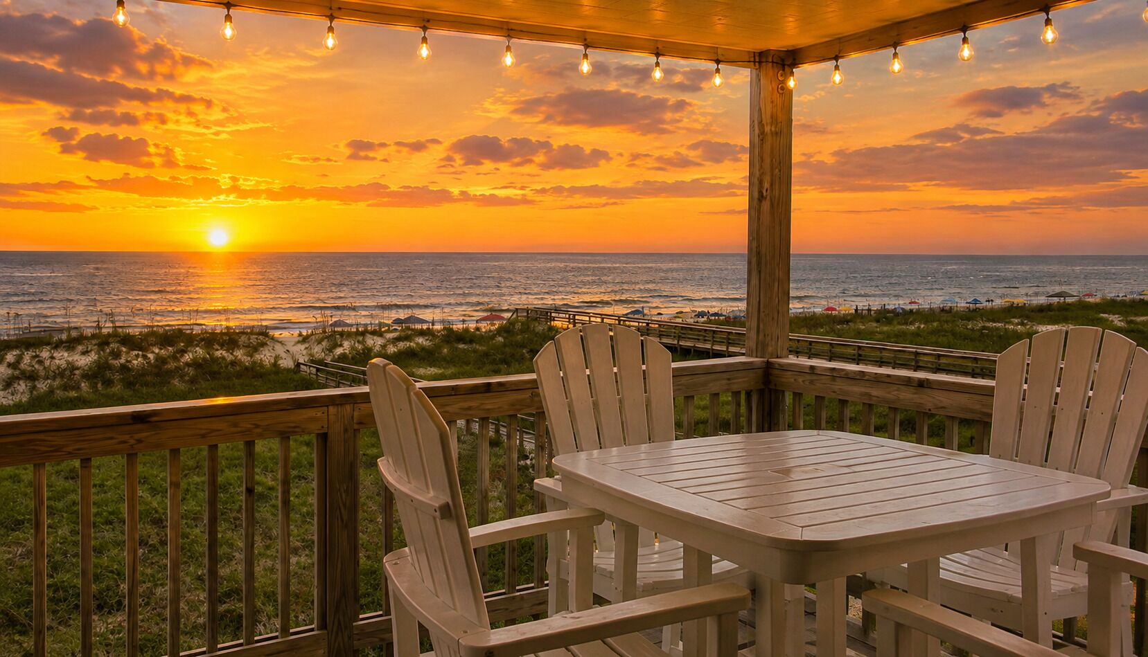 Eine Holzterrasse mit Tisch und Stühlen mit Blick auf einen Strand und einen Sonnenuntergang.