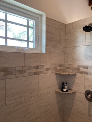 Shower, hair dryer, towels, soap