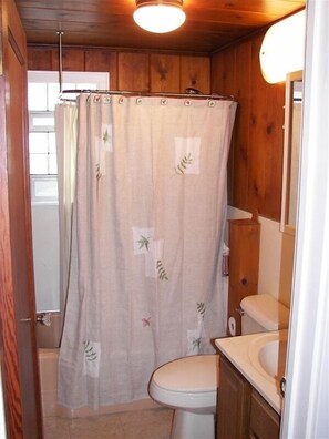 A bathroom with a wooden interior, a toilet, a sink, and a shower curtain with leaf patterns. - The River House of Alaska, Michigan located Southeast Grand Rapids, pet friendly (Alto)