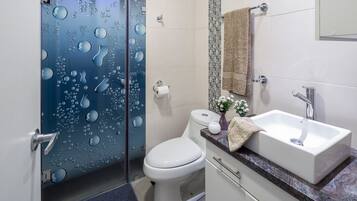 Shower, hair dryer, towels, soap