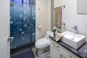 Shower, hair dryer, towels, soap