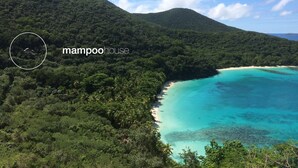A lush, tropical landscape with a beach and forested hills. - Mampoo House - Luxury Vacation Rental, St. John, USVI (St. John)