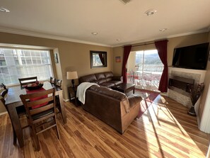 Een smart-tv, een open haard, een dvd-speler en een filmbibliotheek