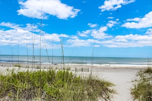 On the beach, sun-loungers, beach towels