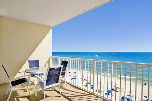 Outdoor dining - Beachfront Condo with Oversized Balcony & Gulf Views! Hot Tub-In/Out Pool (Gulf Shores)